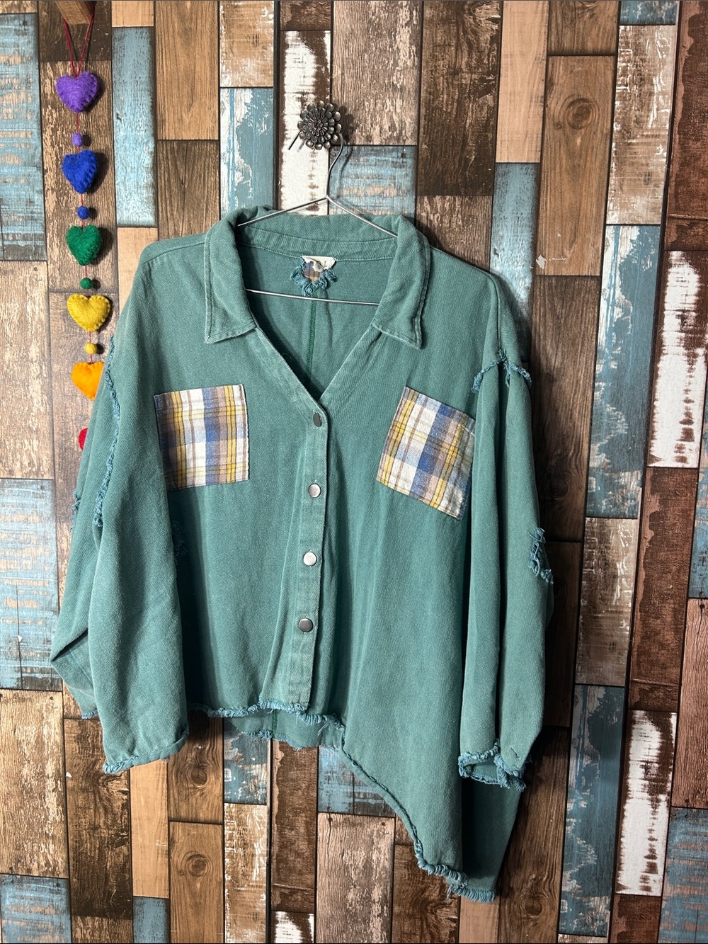 POL Light Teal Green oversized Button-Up Top